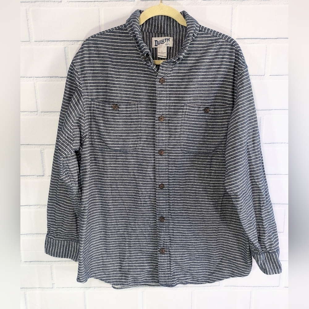 Duluth Trading Co Navy Striped Relaxed Flannel Shirt